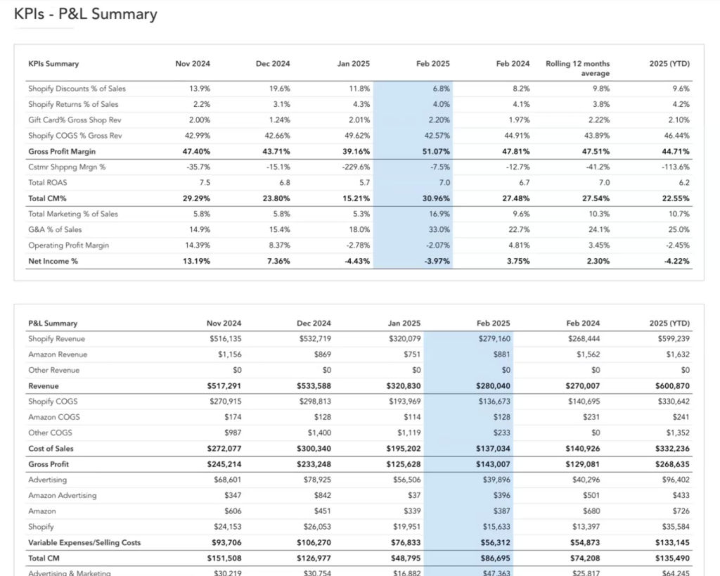 a screenshot of a table of KPIs - P&L Summary highlighting the column of Feb 2025
